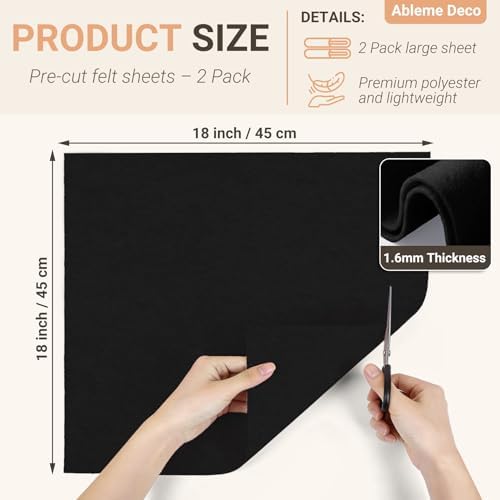 Black Felt Fabric Sheets 18" x 18" (2 Pack) 1.6mm Soft Craft Felt