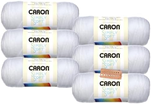 Caron Simply Soft Yarn - 6 Pack Bundle with Needle Gauge (White)