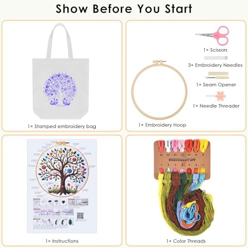 ERKOON Embroidery Canvas Tote Bag Kit, Tree