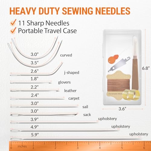 Waxed Sewing Thread (Brown Color), Heavy Duty Needles (11 PCS), Bent