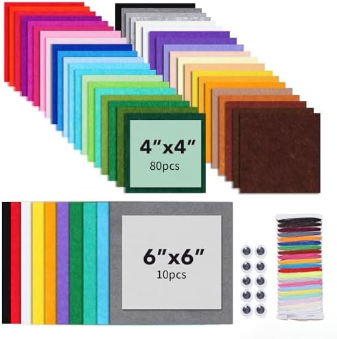 90PCS Felt Fabric Sheets Craft Kit - 4"x 4" + 6"x 6" Assorted Colors