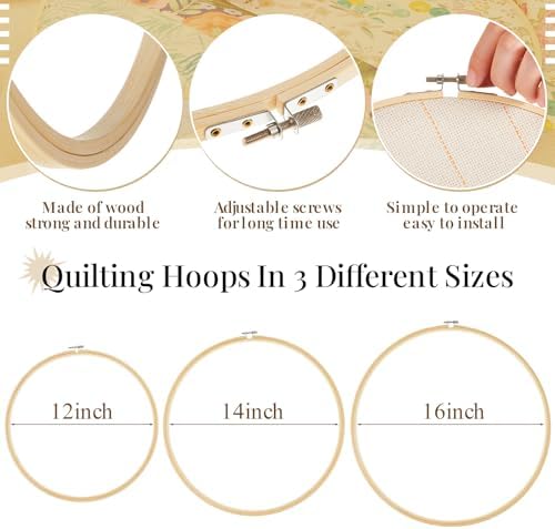 CroBlissful 3 Pcs Large Embroidery Hoop 12 14 16 Inch Round Wooden Kit