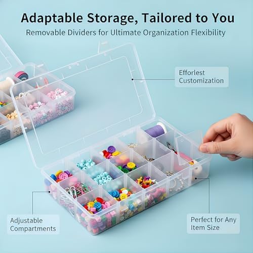 Umirokin 2 Pack 15 Grids Clear Plastic Organizer Box with Adjustable