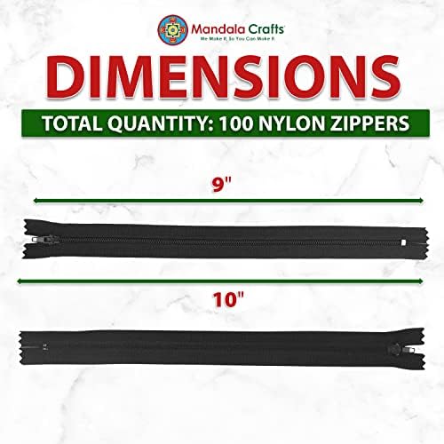 Mandala Crafts 100 PCs Assorted Closed-End 9 Inch Nylon Zippers for
