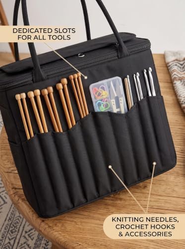 Large Canvas Knitting Bag Yarn Storage Organizer with Holes (Black)