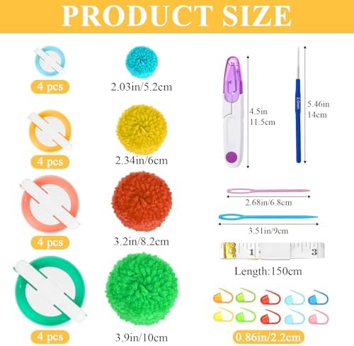 Supkiir 16 Pcs Pompom Makers for Yarn, 4 Sizes Pom Pom Makers with