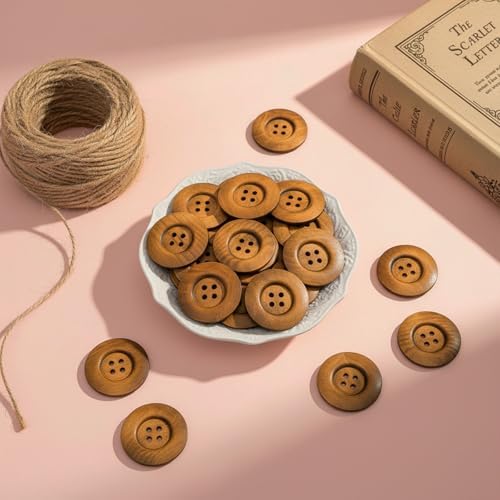 Frcctre 50 Pcs Large Wood Buttons, 2.36 Inch/60mm 4 Holes Round Bulk