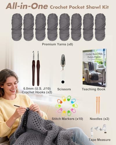 Arborthread Crochet Kit for Beginners, Easy All-Season Pocket Shawl