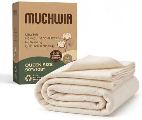 MUCHWIN 100% Cotton Batting for Quilting Queen Size 90"x108", Cotton