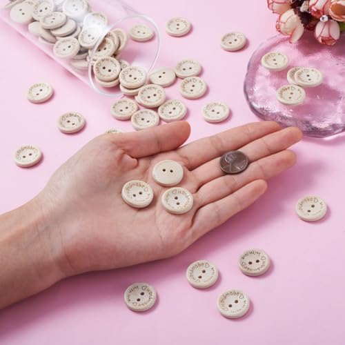 100pcs Natural Wooden Flat Round Buttons Blanched Almond 2 Hole Word