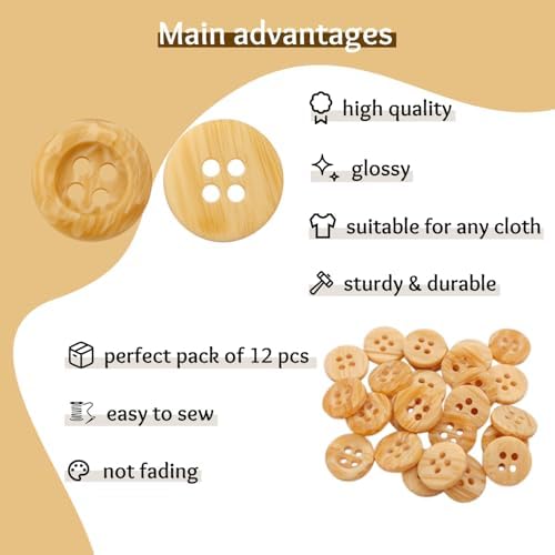 12 Pcs Buttons for Shirt 0.45 inch Natural Wood Color Buttons for
