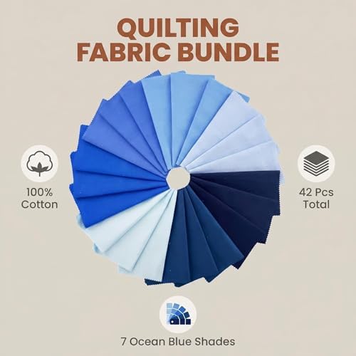 ZOOELAY 100% Cotton Precut Quilt Squares, 42 Pieces, 7 Blue Shades