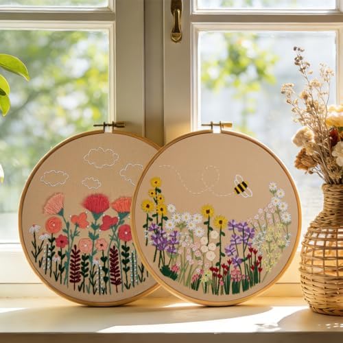 Flowers Embroidery Kits for Beginners, 2 Hoops