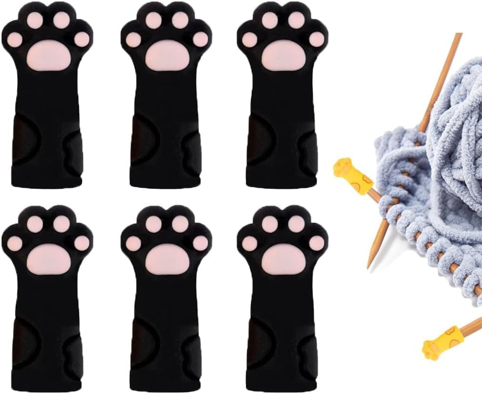 6Pcs Black Cat Paw Knitting Stitch Stoppers,Knitting Needle Tip Covers
