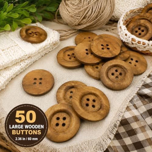 Frcctre 50 Pcs Large Wood Buttons, 2.36 Inch/60mm 4 Holes Round Bulk