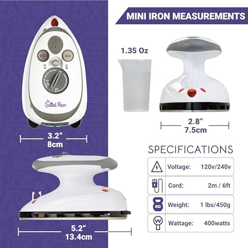 The Quilted Bear Mini Steam Iron for Quilting & Travel with Case