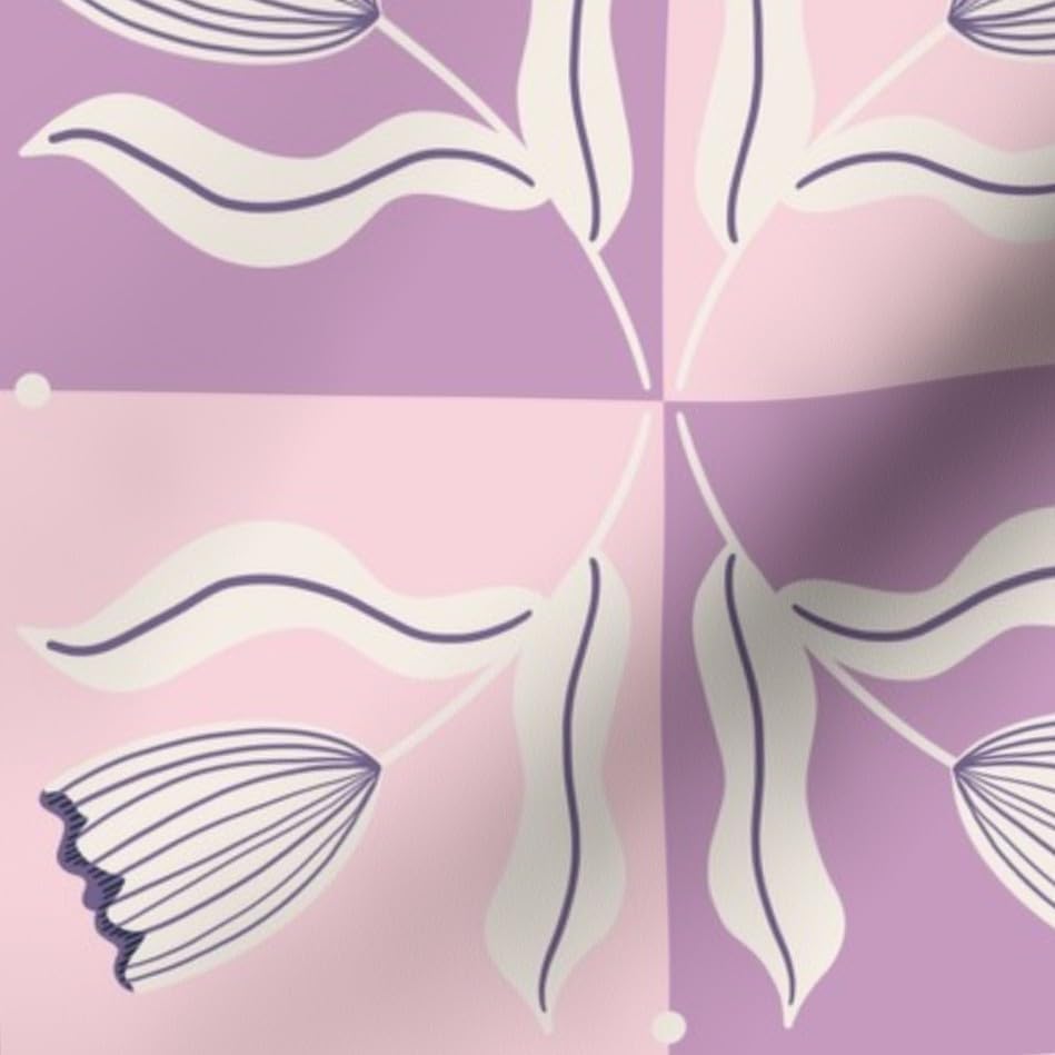 Spoonflower Fabric Modern Floral Check Pink on Essex Linen