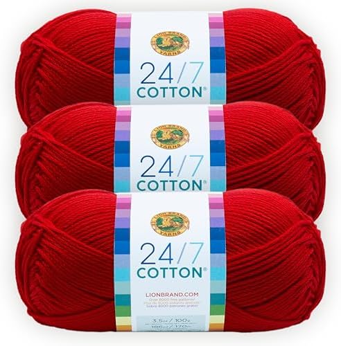 Lion Brand Yarn, 24/7 Cotton Yarn, Red, 3 Pack