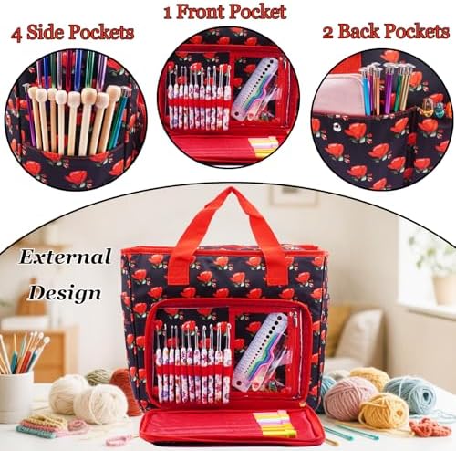 Knitting Bags and Totes Organizers Large Yarn Bags(Red Rose)