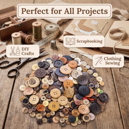 600 Pcs Wooden Buttons Assorted Sizes Mixed Colors Coconut Shell for