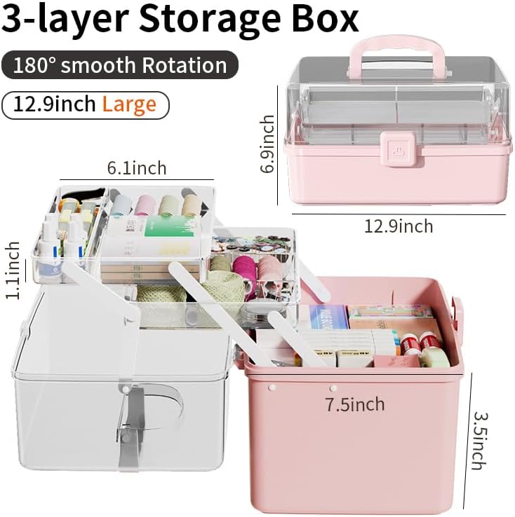 Large 3-Layer Craft Storage Box with Handle, White