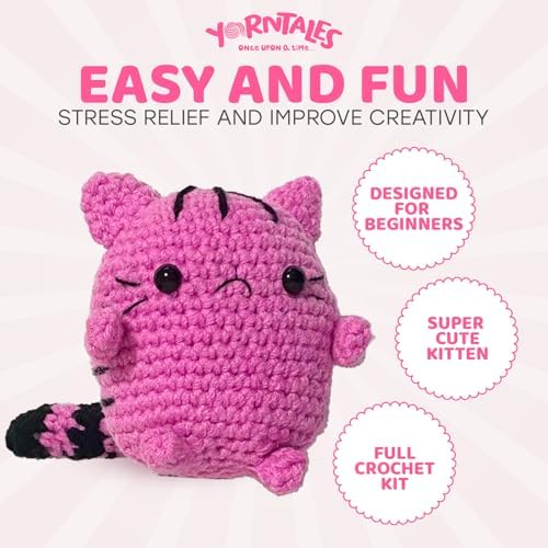 YarnTales DIY Pink Kitten Crochet Kit - Beginner Craft Kit with All