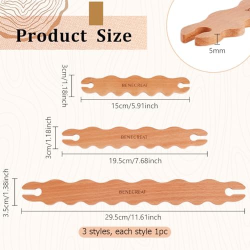 BENECREAT 3 Pcs Wooden Weaving Tool, Wavy Stick Shuttles Beech Wood