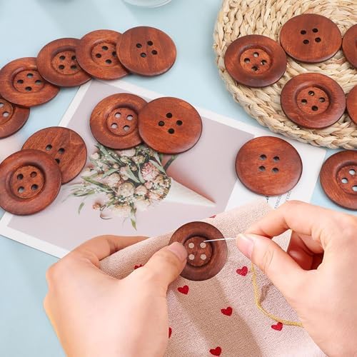 YAKA 22pcs Brown Round Wood Buttons 4 Holes,Craft Buttons for Sewing