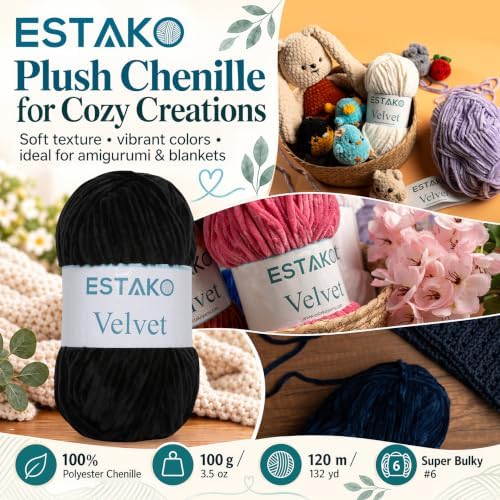Estako Velvet Yarn for Crocheting, Super Bulky Chenille Yarn, Black