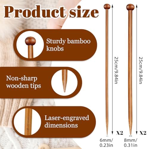 4 Pairs Natural Bamboo Knitting Needles Set 9.8 Inch Long Wooden