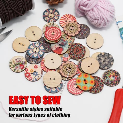 Lilaly 50 PCS 1 inch (25mm) 2 Holes Buttons, Vintage Wood Buttons, for