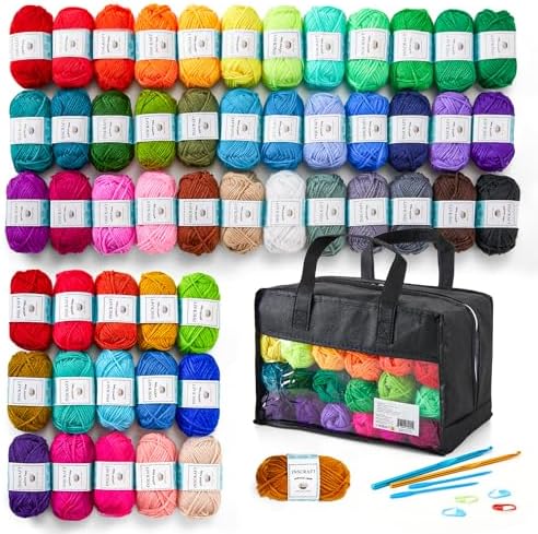 INSCRAFT Acrylic Yarn Starter Set, 52 Colors with Tools and Bag