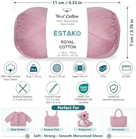 Estako Royal Cotton, 100% Mercerized Giza Cotton Yarn, Baby Pink