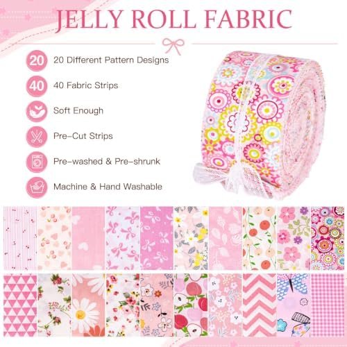 Biutee 40Pcs Jelly Roll Fabric Strips for Quilting, 20 Pink Options