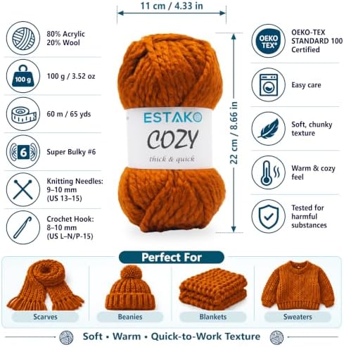 Estako Cozy Thick & Quick Yarn, 20% Wool 80% Acrylic, Dark Orange