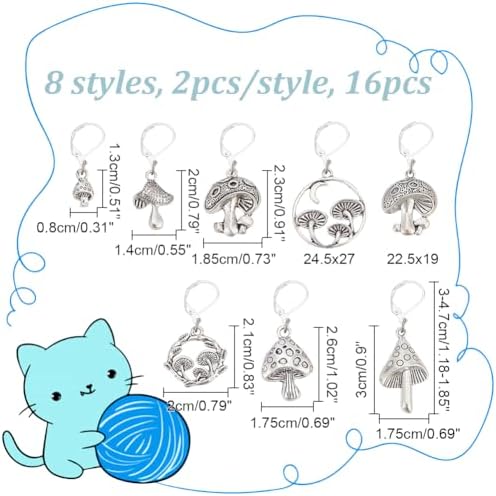 NBEADS 16 Pcs Stitch Markers, Antique Silver 8 Styles Mushroom Crochet