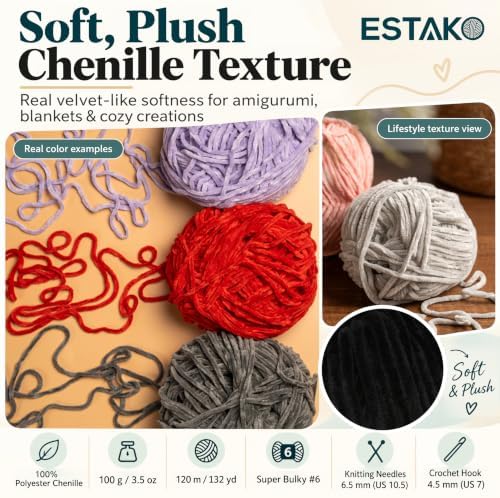Estako Velvet Yarn for Crocheting, Super Bulky Chenille Yarn, Black