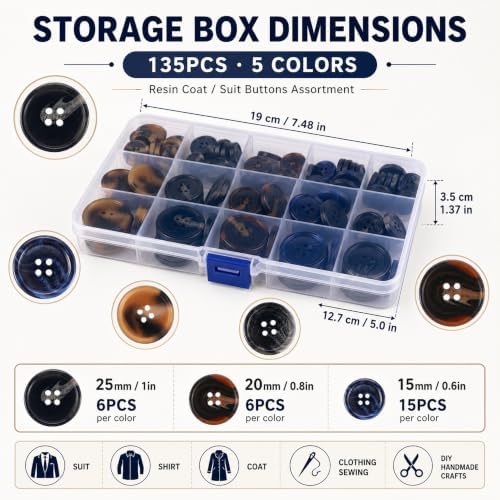 Assorted Buttons for Sewing Crafts,135Pcs 4-Hole Round Blazer Buttons