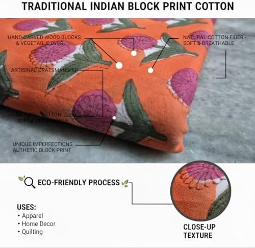Hand Block Print Fabric by the Yard – 100% Cotton Lightweight, 42 Inch