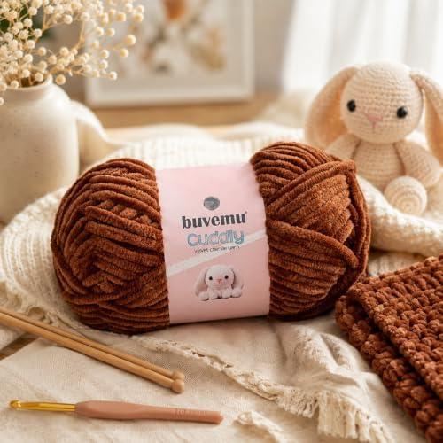 Cuddly Velvet Chenille Yarn, Super Soft Bulky, Brown
