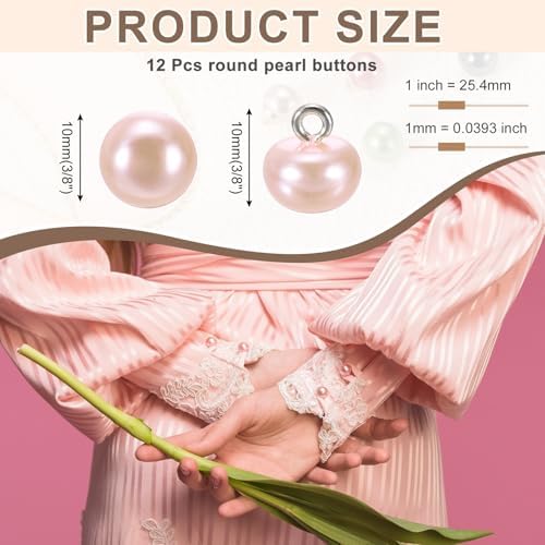 HARFINGTON 12pcs 16L Round Faux Pearl Buttons 10mm 3/8" Pink