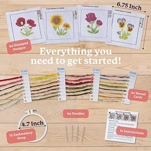 Kraftex 4 Pack Stamped Flower Cross Stitch Kits, 6.75 Inch