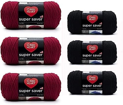 Red Heart Super Saver Yarn 3 Pack Bundle - Burgundy, Black and More