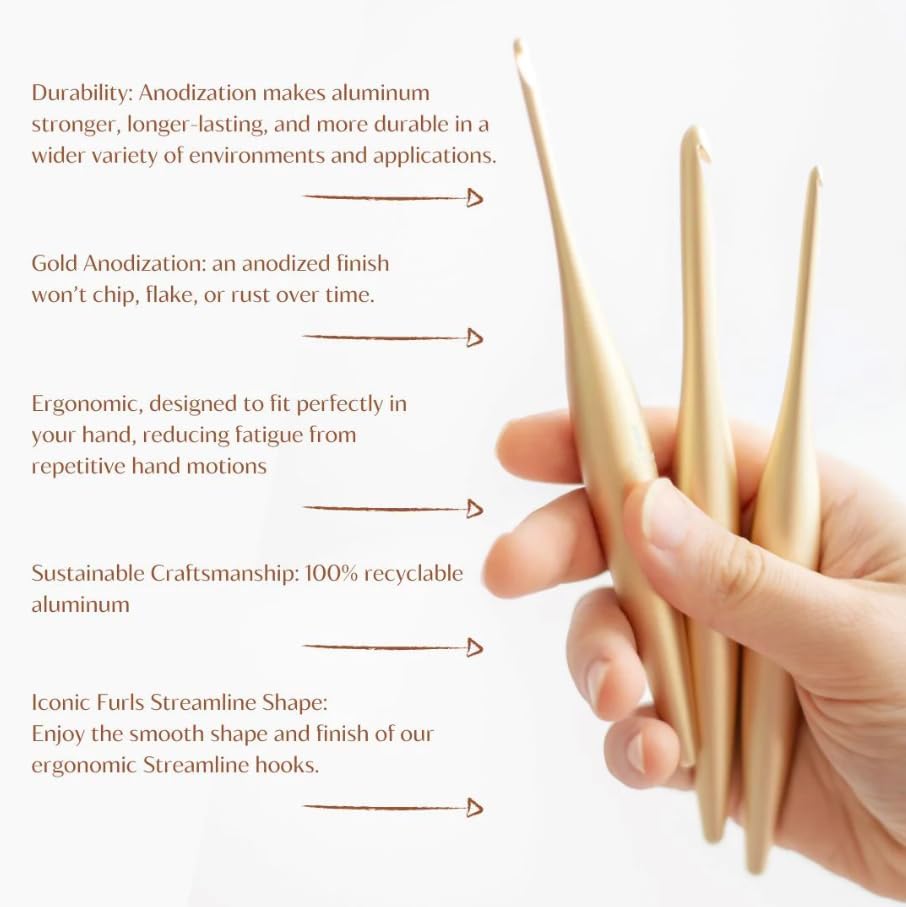 Furls Crochet Hook, Gold Streamline Metal Matte Finish & Polished