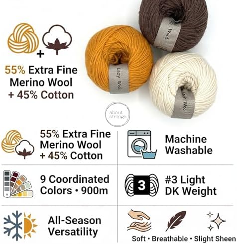 55% Extra Fine Merino Wool 45% Cotton #3 Light DK Yarn Box Set Bundle