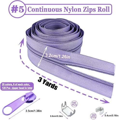 #5 Nylon Coil Zipper Tape for Sewing 60 Yards 20Pcs Sewing Zippers