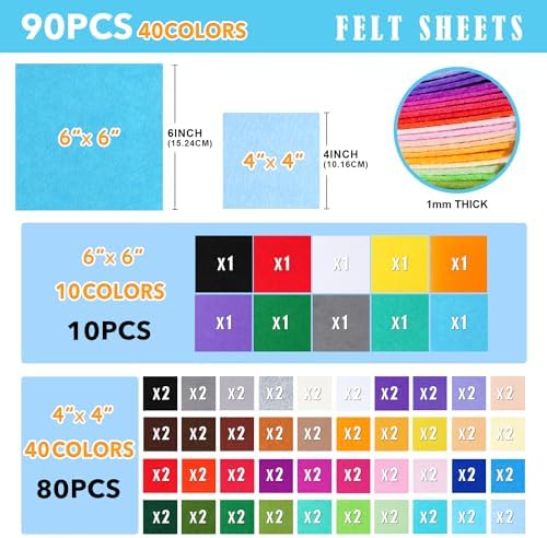 90PCS Felt Fabric Sheets Craft Kit - 4"x 4" + 6"x 6" Assorted Colors