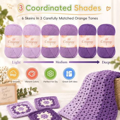 Coopay Cotton Yarn for Crocheting, 6 Pack Gradient Color Yarn Set