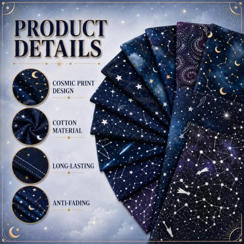 12 Pcs 100% Cotton Fat Quilting Fabric Bundles, 20"x20" Starry Sky