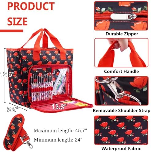 Knitting Bags and Totes Organizers Large Yarn Bags(Red Rose)